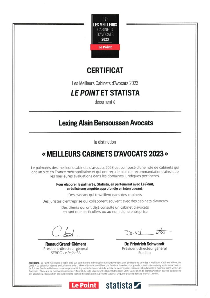 2023 04 24 Certificat Le Point Meilleurs cabinets d'avocats 2023