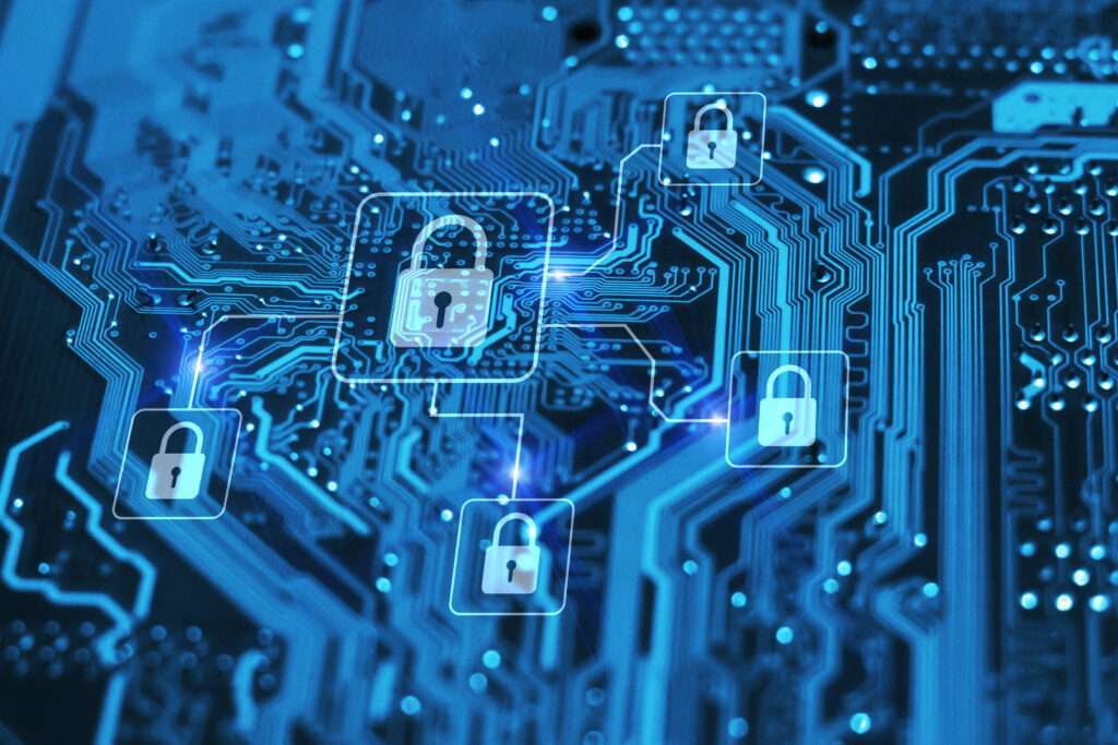 Cyber security and protection of private information and data concept. Locks on blue integrated circuit. Firewall from hacker attack. Omnibus numérique