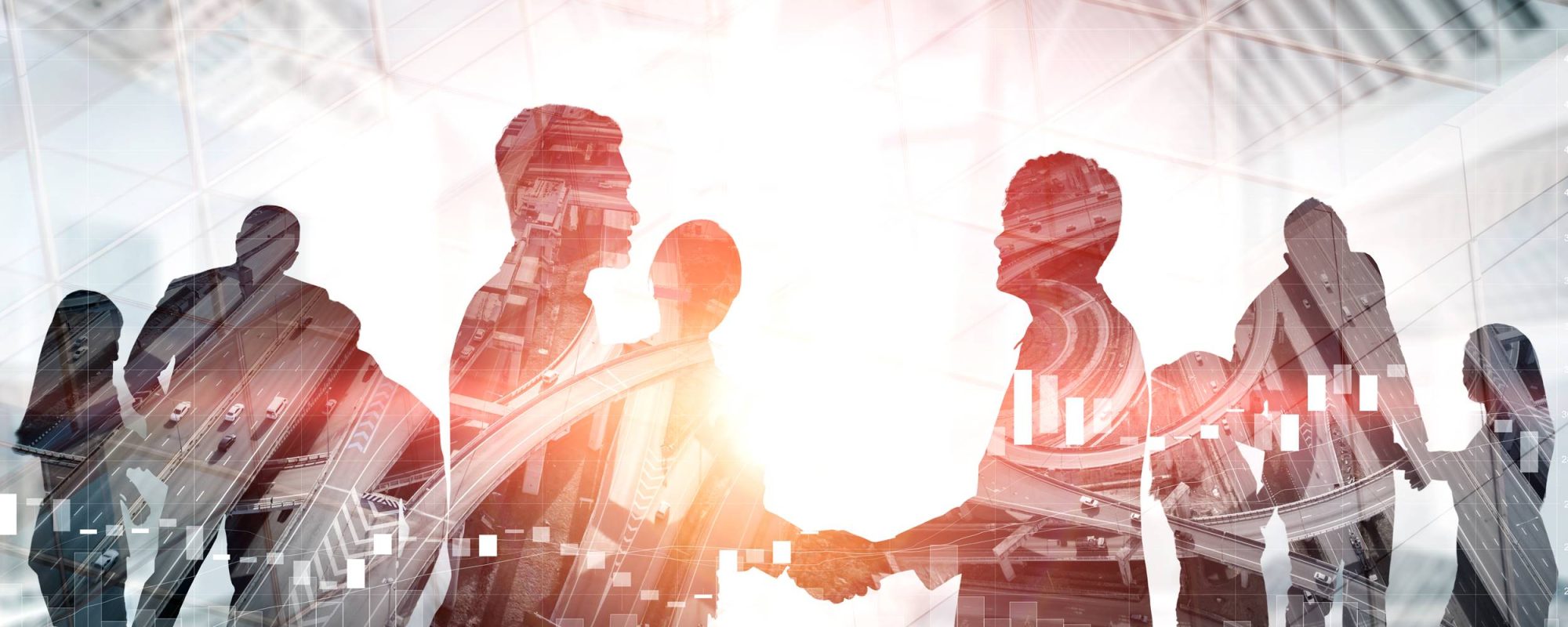 Double exposure image of many business people conference group meeting on city office building in background showing partnership success of business deal. Concept of teamwork, trust and agreement. 2025 Pacte d'actionnaires