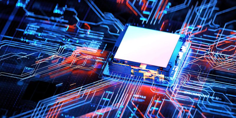 3D illustration cyberpunk AI skyscraper Circuit board. Technology background. Central Computer Processors CPU and GPU conception. Avocat Informatique embarquée