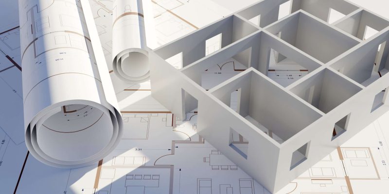 Architecture design drawings, building model on blueprint floor plan, house construction. 3d Notre-Dame