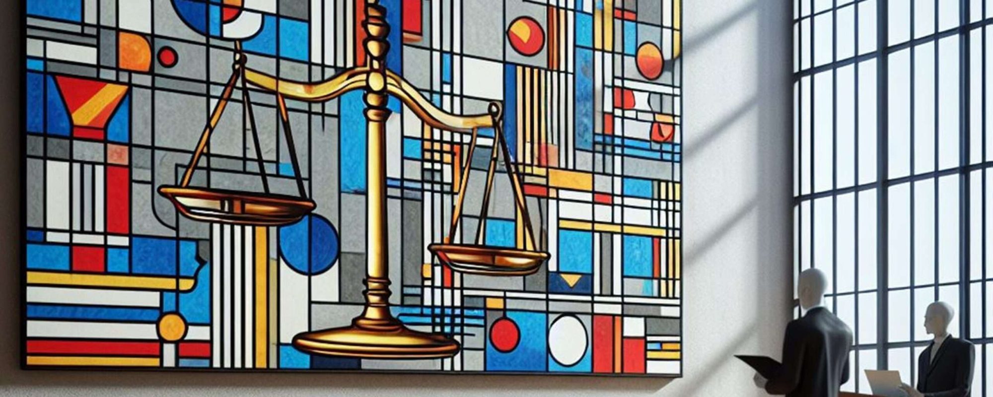ChatGPT DALL-E Tribunal Tableau Intelligence artificielle Style mondrian Bandeau Intelligence artificielle au service de la justice