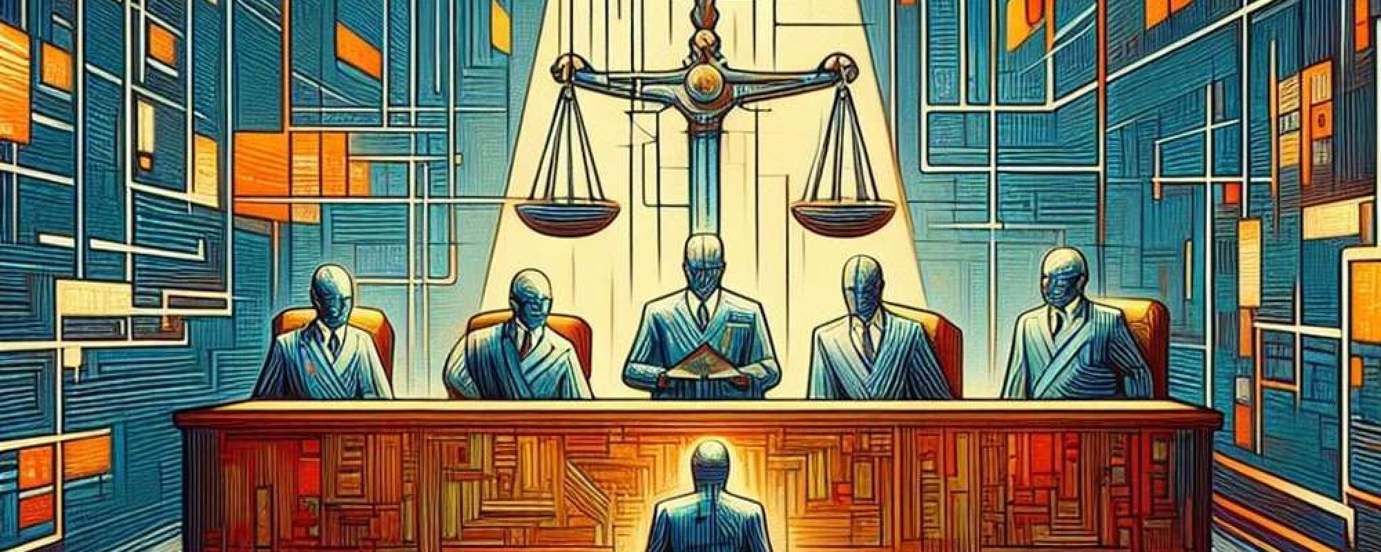 ChatGPT Tribunal jugeant intelligence artificielle style mondrian