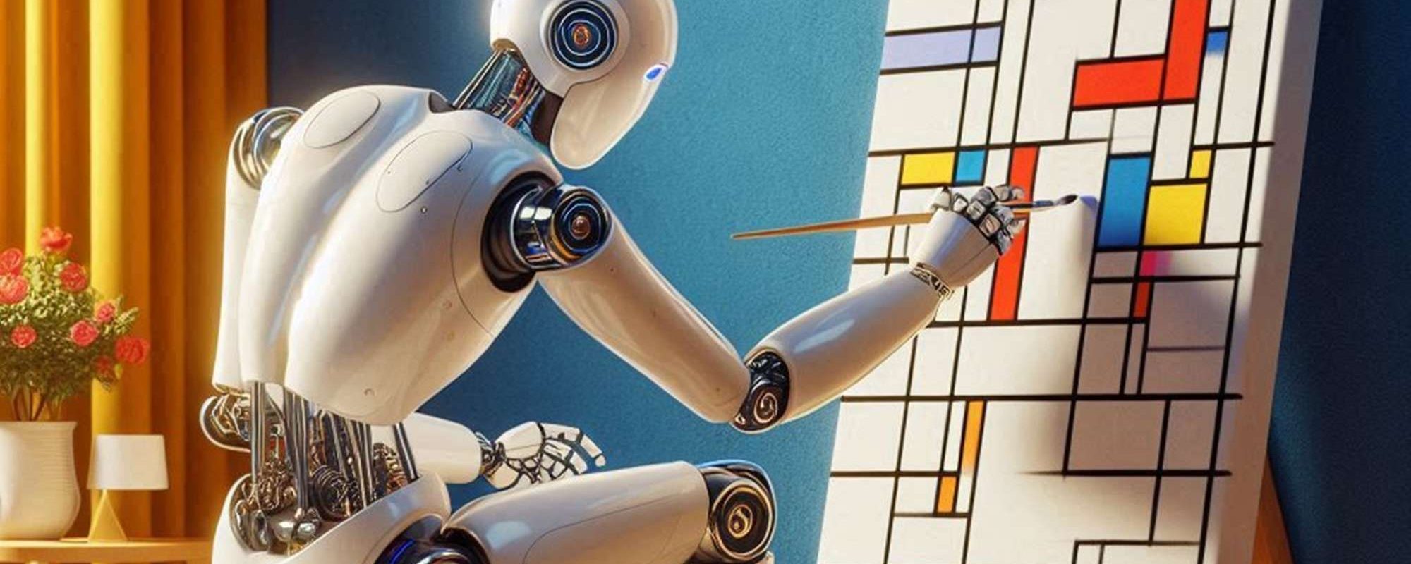 Robot-artiste-humanoide-de-dos-peinture-tableau-multicolor-Dall-E3 2025 Créateurs et intelligence
